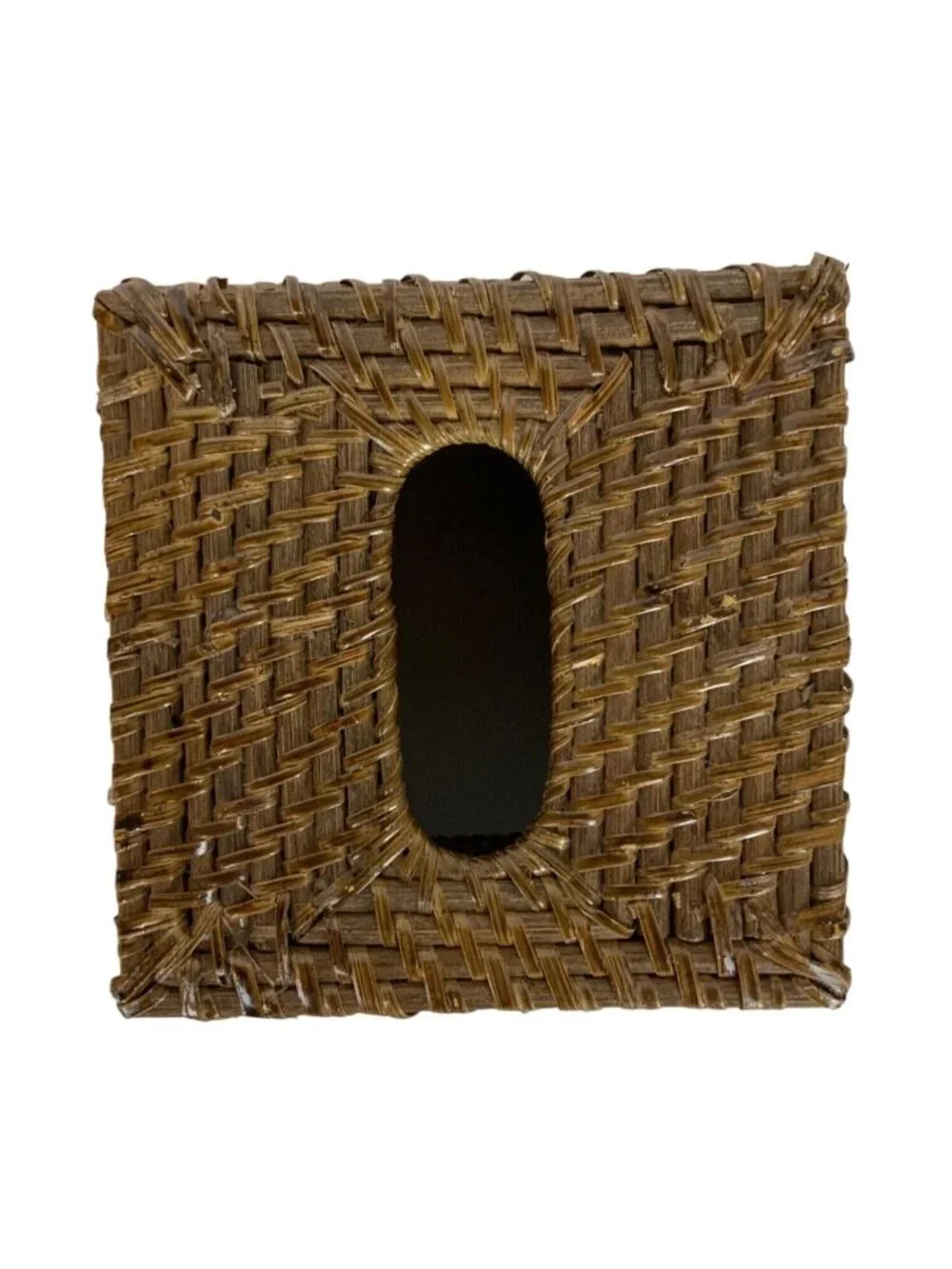 Brown Wicker Tissue Box Cover Square Basketweave Boho Decor Bathroom Accessory